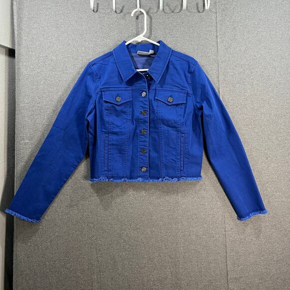 Susan Graver Stretch Denim Lore Sleeve Button Front Jacket Dark Cobalt Medium - Picture 1 of 11